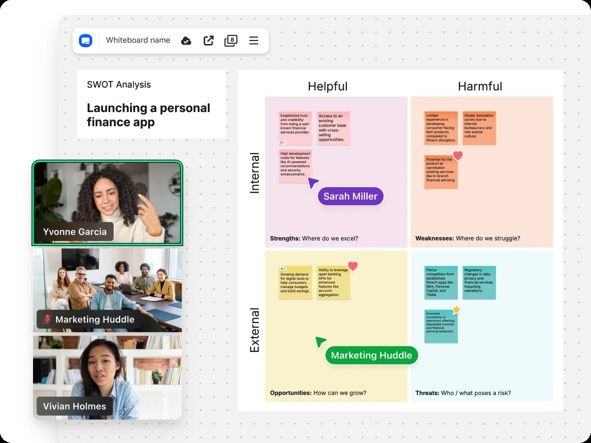 Quadro branco colaborativo do Zoom Workplace com participantes em vídeo