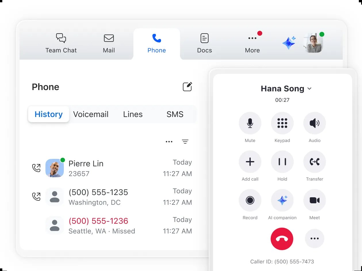 Tela do Zoom Phone com histórico de chamadas e controles de ligação