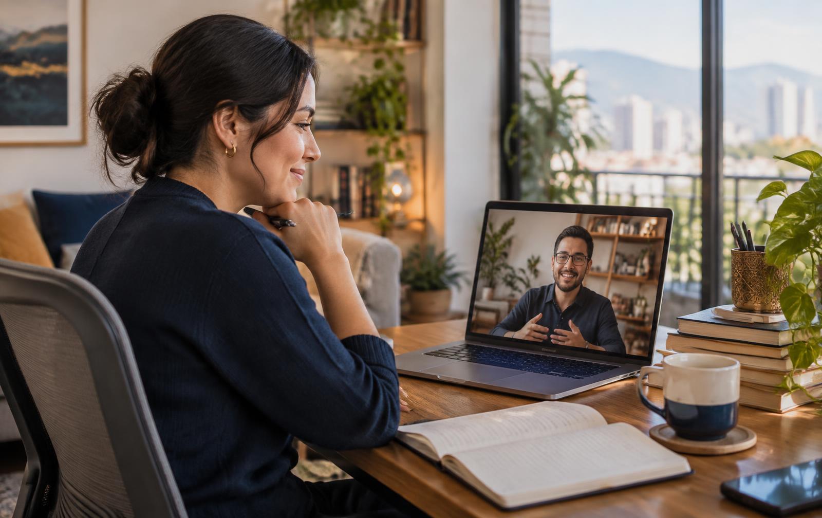 Profissionais colaborando por videochamada em seus espaços de trabalho
